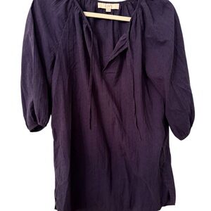 LOFT Blouse Peasant Blouse Deep Blue 3/4 Sleeve Tie Neck Women’s Small